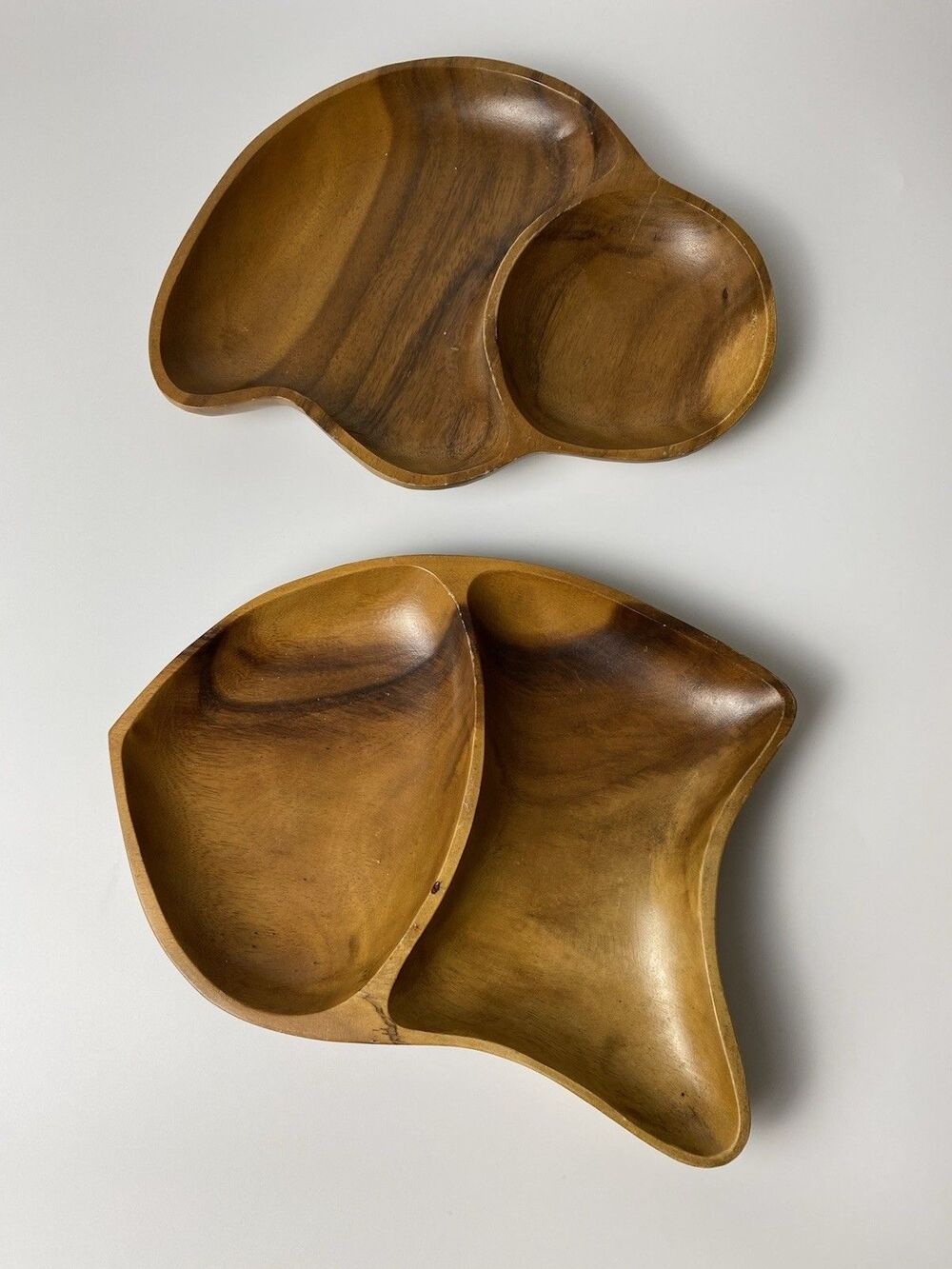 Set Of 2 Vintage Abstract Wood Serving Dishes MCM Boho Tableware
